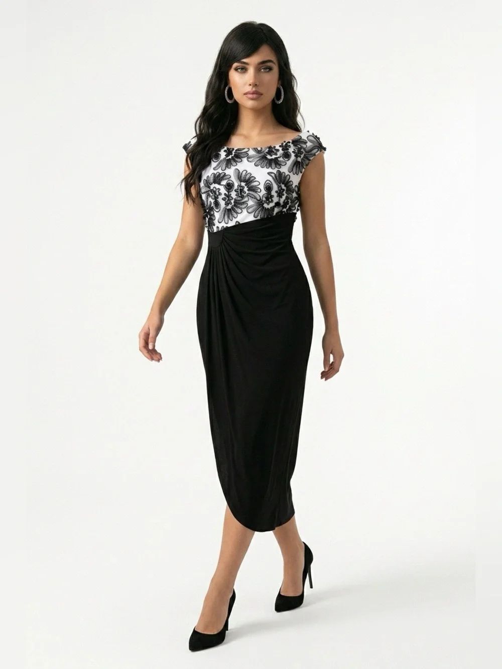 connected apparel Black and White Floral Cap-Sleeve Midi Dress